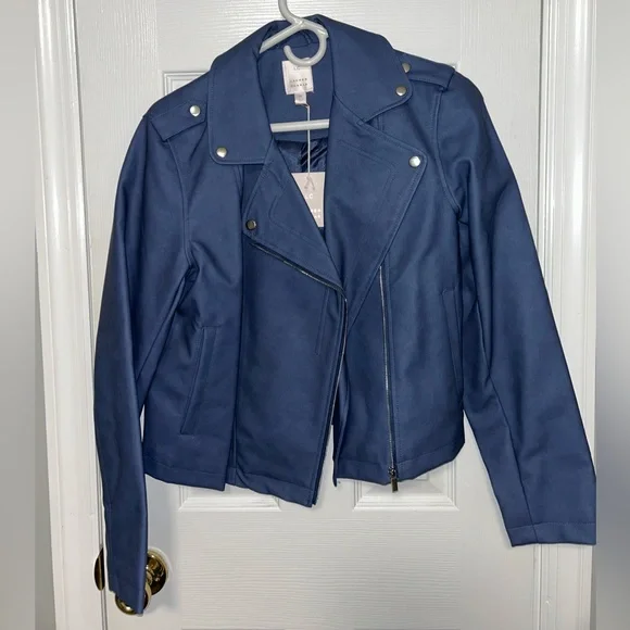 Women's Blue Faux Leather Jacket - Picture 1 of 3